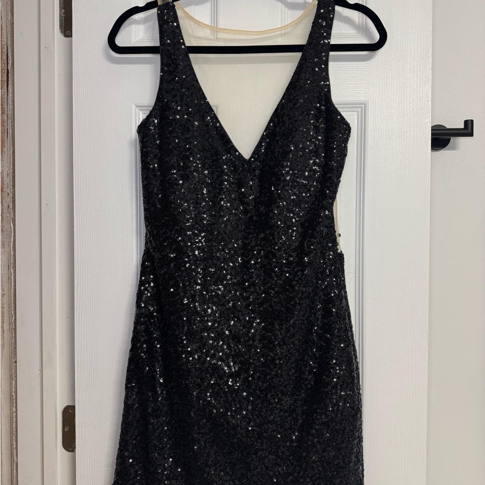 La Femme Black Sequin Cocktail Dress with Nude Back